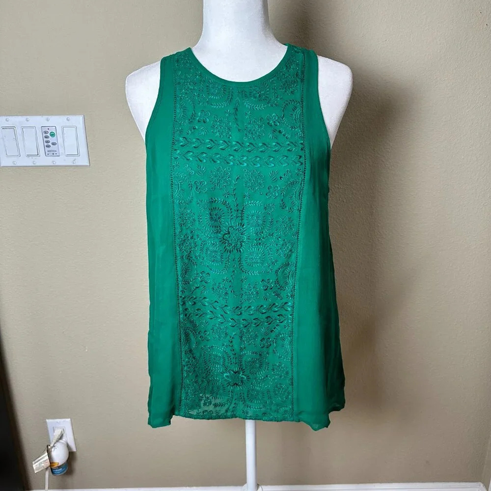 LUCKY BRAND Embroidered Detail Bright Green Tank Top Lined Blouse - Size Medium - Picture 2 of 9